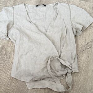 Zara Light Beige Wrap Tie Linen Top